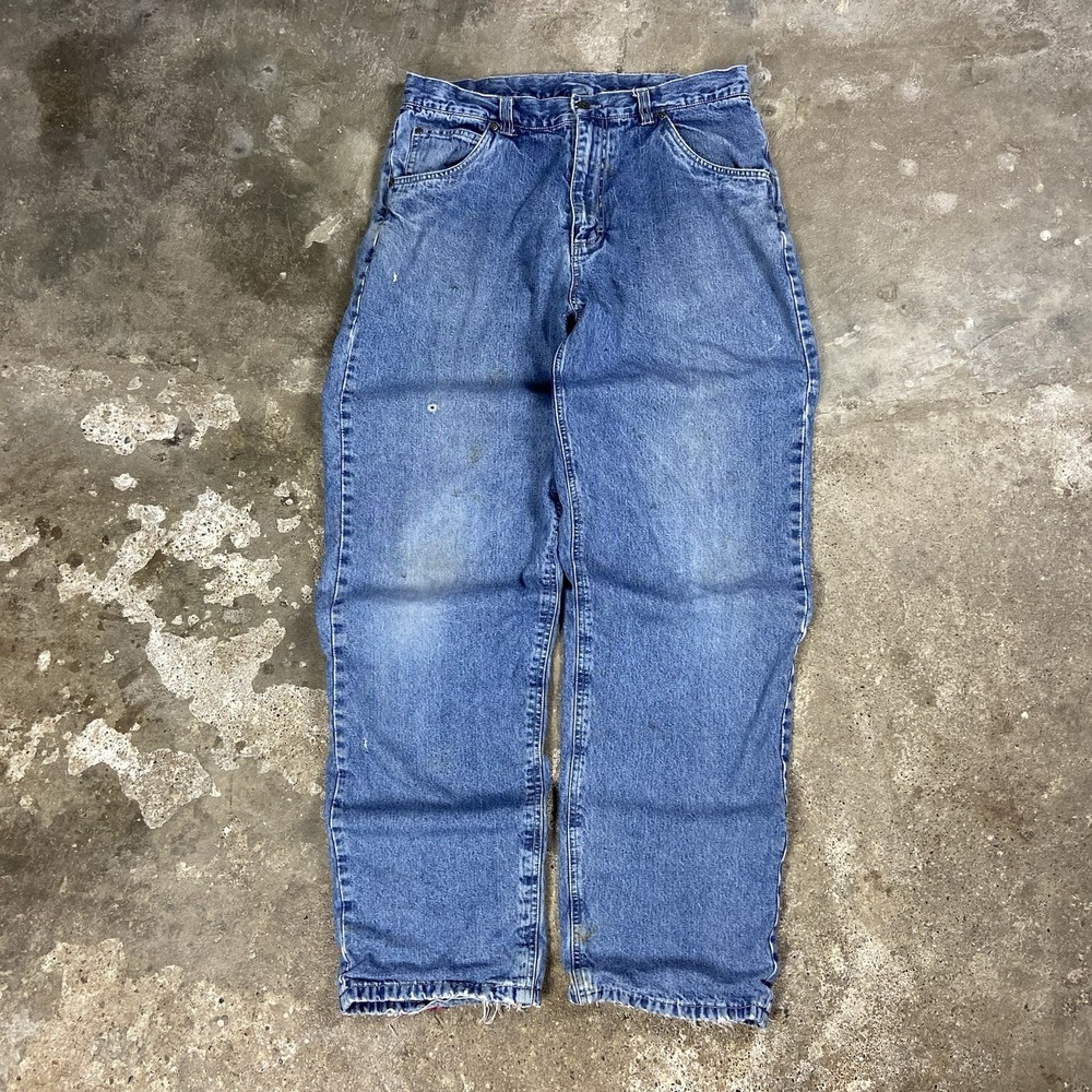 Vintage 90s Lee Dungaree Jeans Size 34x34 Blue Denim Medium Wash Flannel Lined